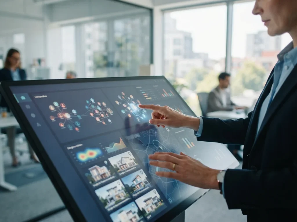 A real estate agent using a touch screen with an AI-powered lead generation dashboard for marketing properties.