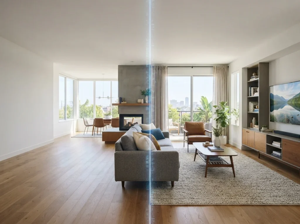 An empty living room virtually staged with modern furniture and decor, demonstrating AI real estate marketing tools.