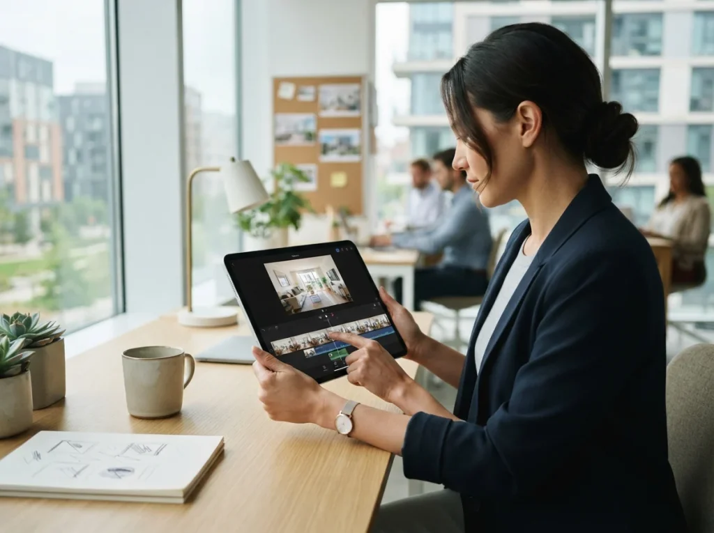 A person interacting with a tablet, demonstrating the user-friendly interface of an AI real estate video creator.