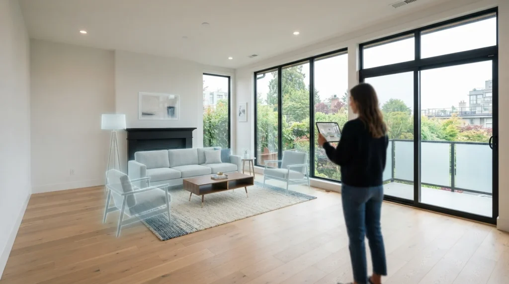A spacious, empty living room digitally transformed with virtual home staging online, showcasing modern furniture and decor.