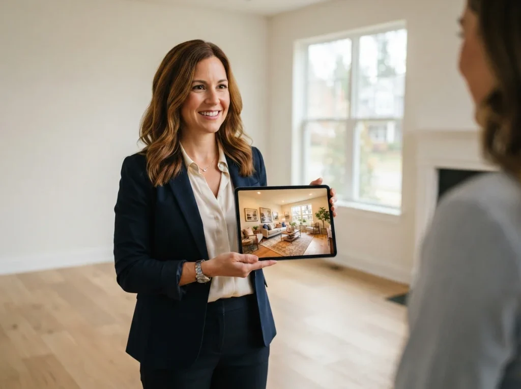 A real estate professional reviewing a tablet showcasing a property enhanced with virtual home staging online.