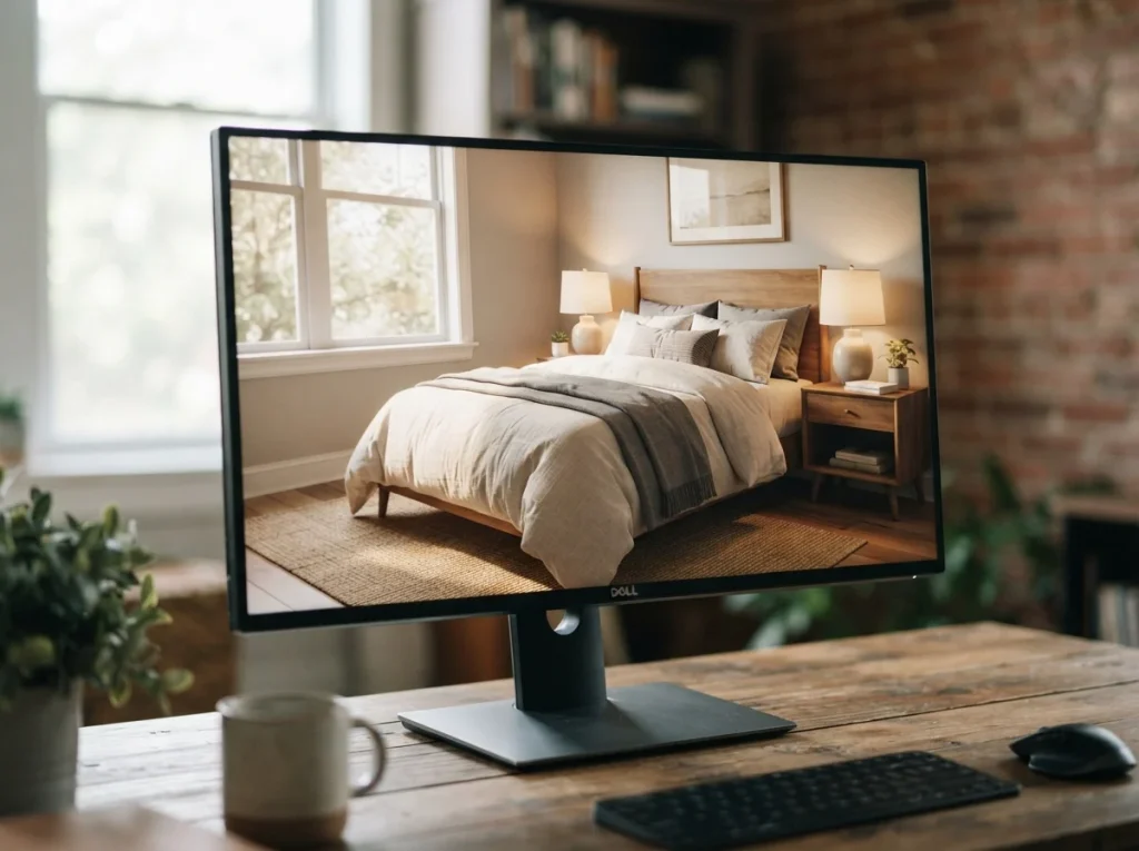A detailed view of a virtually staged bedroom on a screen, illustrating the quality and realism of online home staging.